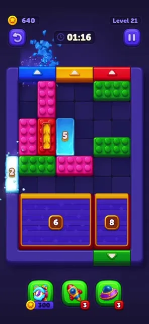 Block Out! Level 21 - red, yellow blocks in vertical stacked blocks layout - Easy difficulty puzzle