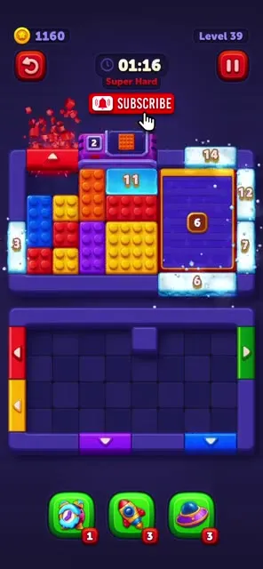 Block Out! Level 39 - red, orange, blue blocks in cross-shaped block formation - Medium difficulty puzzle