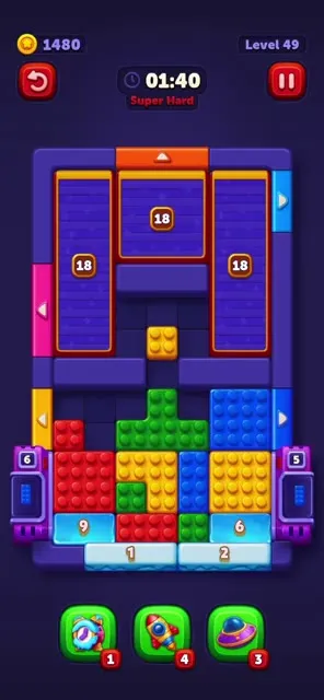 Block Out! Level 49 - purple, orange, blue, red, green, yellow blocks in all six colors with interlocked long pieces - Super Hard difficulty puzzle